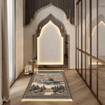 tapis bleu beige doré motif architectural rétro résistant lavage main machine usage multipleextérieurporte İslam