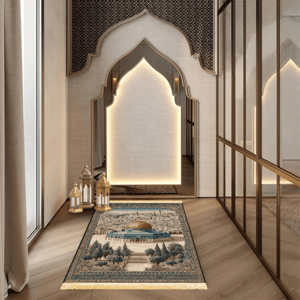 tapis bleu beige doré motif architectural rétro résistant lavage main machine usage multipleextérieurporte İslam