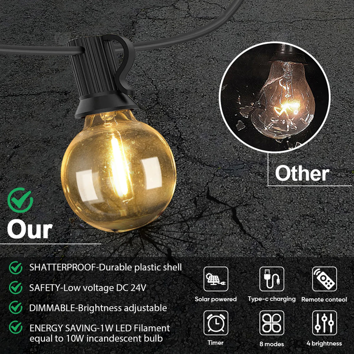 guirlande lumineuse solaire 24v led transparente globes clips moderne décoration patio