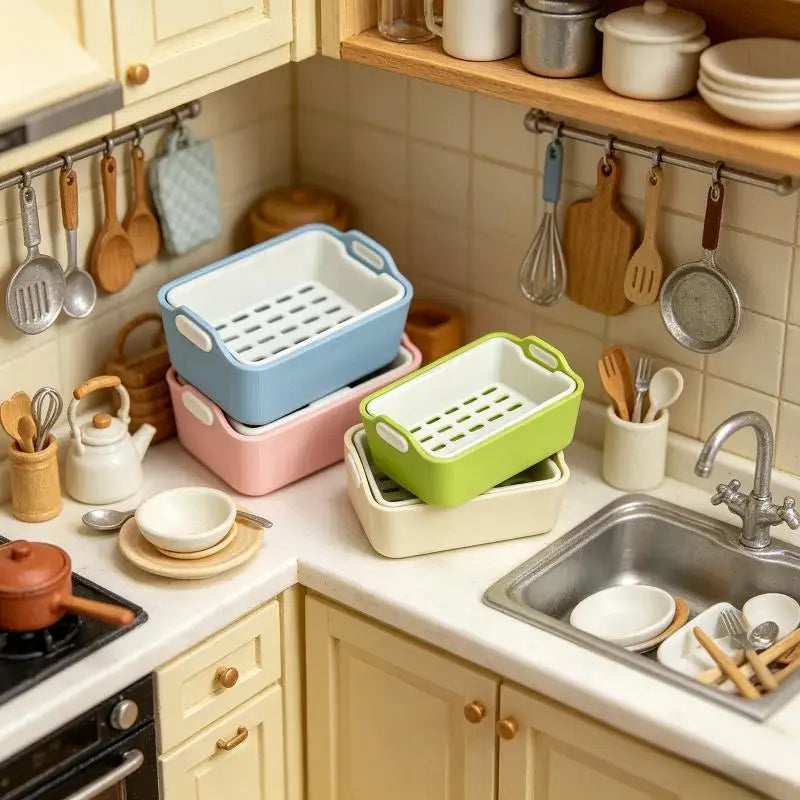 paniers rangement modernes plastique vert clair rose pâle bleu clair grille perforations poignées poupées