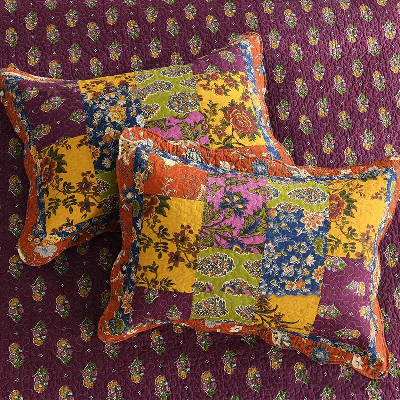 couvre lit patchwork floral boho chic violet orange bleu jaune marron king queen 223x269cm