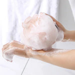 boule bain éponge nettoyage douce maille fine fluffy moderne rose clair vert anneaux noirs
