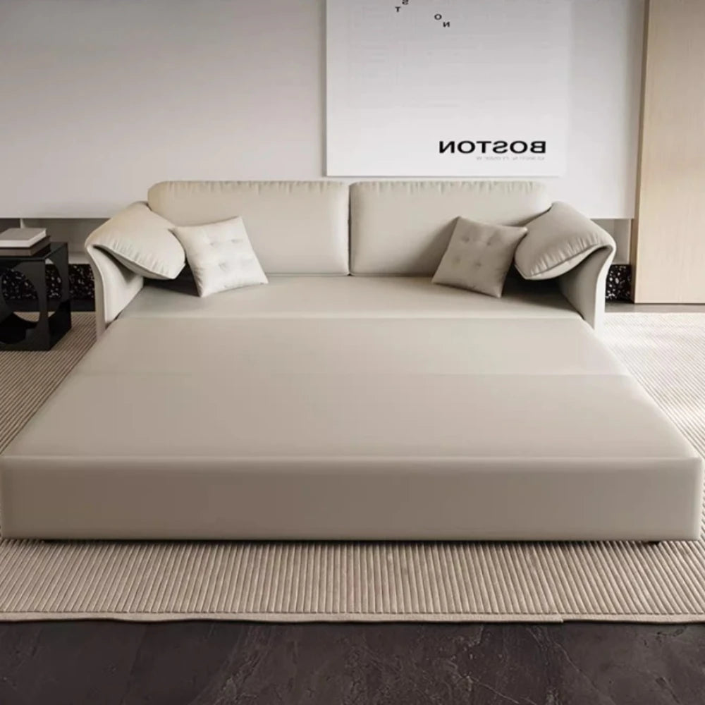 canapé lit moderne bois tissus composites beige clair oreillers multifonctionnel salon maison