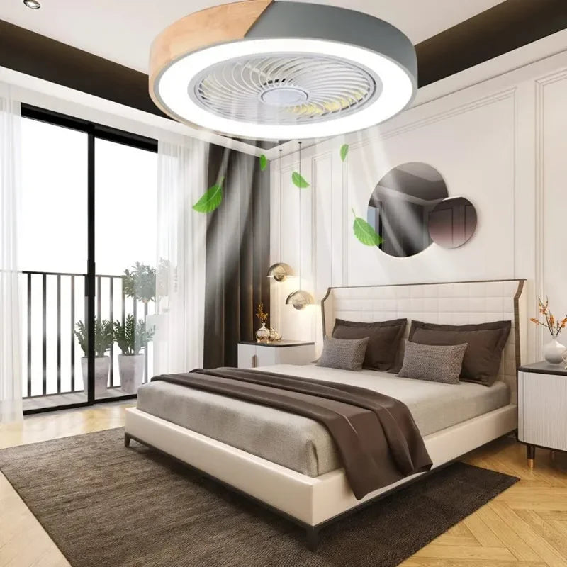 ventilateur bois led gris blanc minimaliste moderne télécommande luminoșité variable certifications sécurité chambre salon