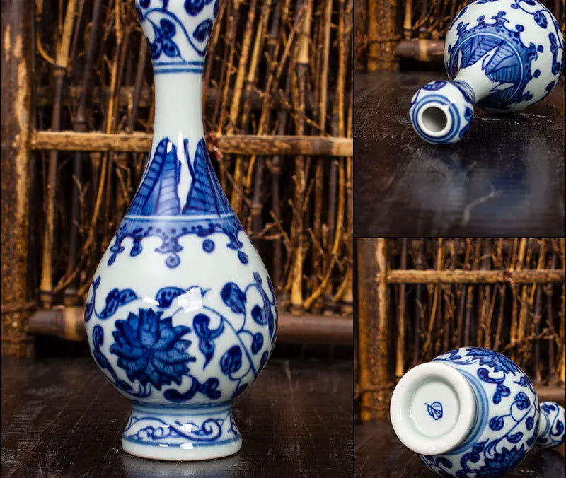 Bouteille porcelaine bleue et blanche peinte main artisanale décorative