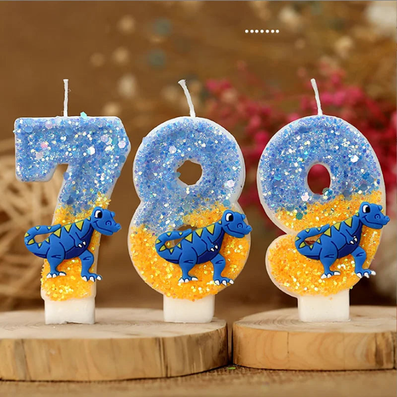 bougies anniversaire chiffres bleu jaune blanc paillettes dinosaure décoratives thème