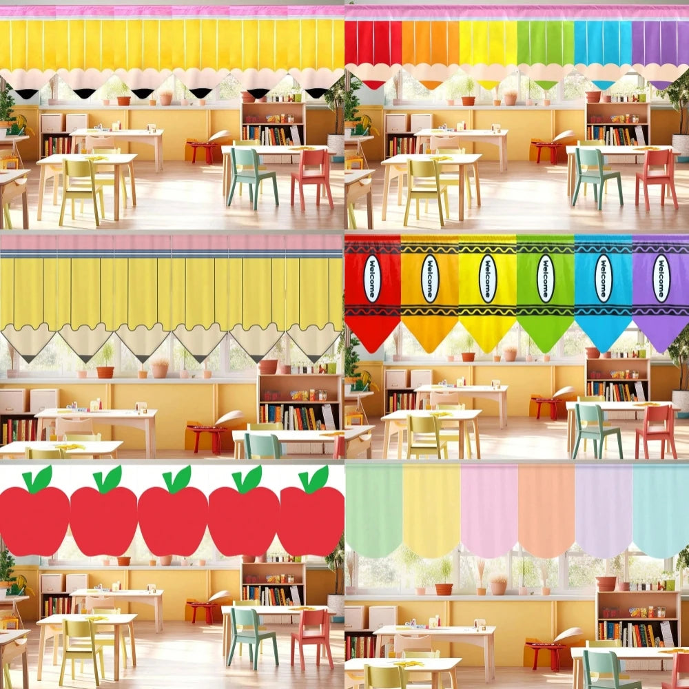 rideaux polyester crayon motif anniversaire retour école moderne enfantin jaune rose blanc