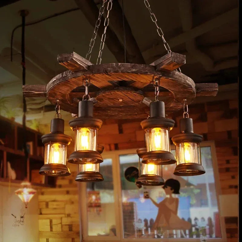 Suspension industrielle bois naturel cuivre ampoules filament verre opalin métal noir rustic vintage