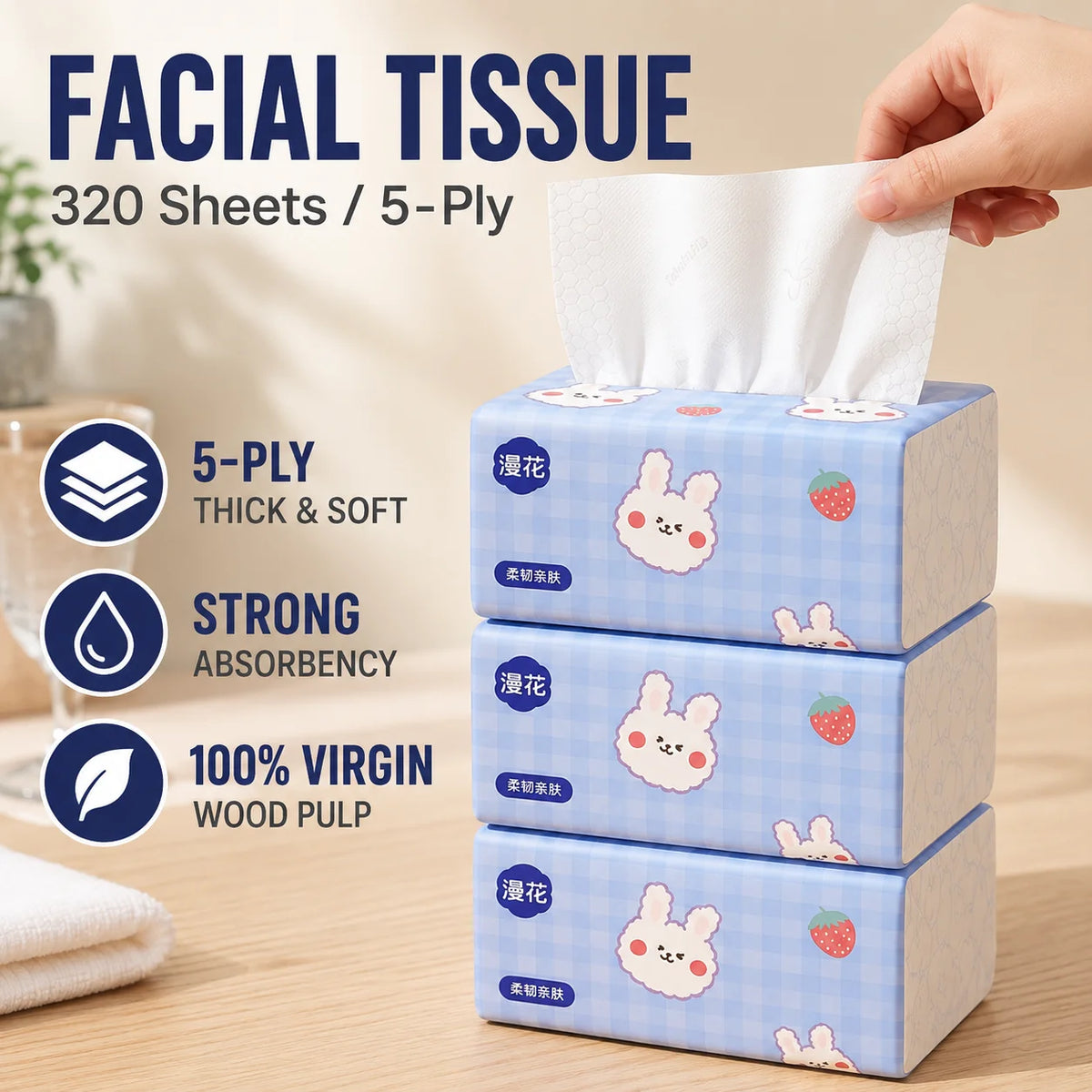 serviettes toilette bleu clair lapins mignons plis 170x120mm 320unités pack cartoon