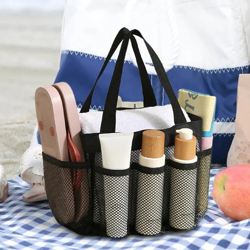 sac douche pliable filet noir transparent pratique voyage serviettes produits cosmétiques brosse toilette pommes
