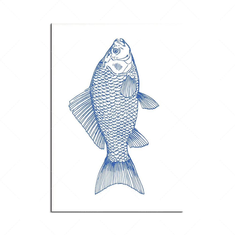 Une illustration minimaliste et élégante d'un poisson bleu aux écailles détaillées.