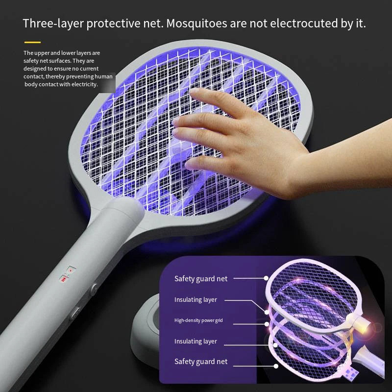 raquette anti moustiques électrique rechargeable lumière violette mesh semi transparent ergonomique batterie lithium