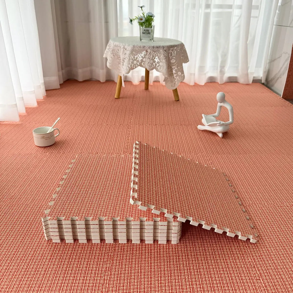 tapis sol modulable carreaux géométriques orange gris beige moderne fonctionnel clips