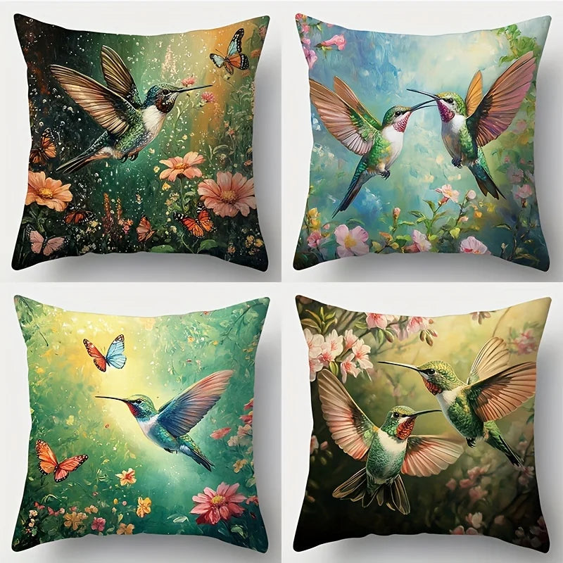 taies d'oreiller imprimées motifs fleurs colibris modernes polyester peachskin 40x40cm 45x45cm 50x50cm 60x60cm decoration
