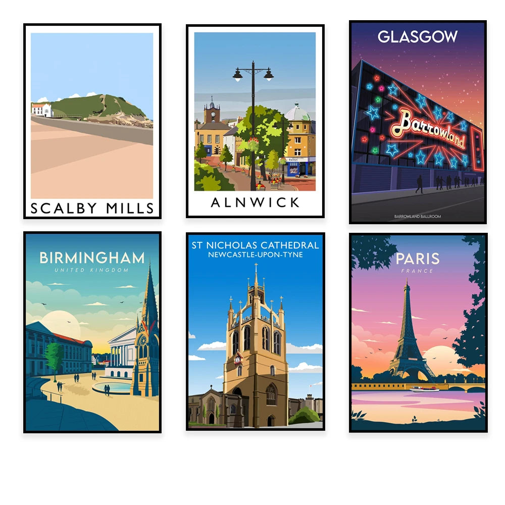 Affiches de voyages illustrant différentes destinations, notamment Scalby Mills, Alnwick, Glasgow, Birmingham, la cathédrale St Nicholas de Newcastle-upon-Tyne et Paris.