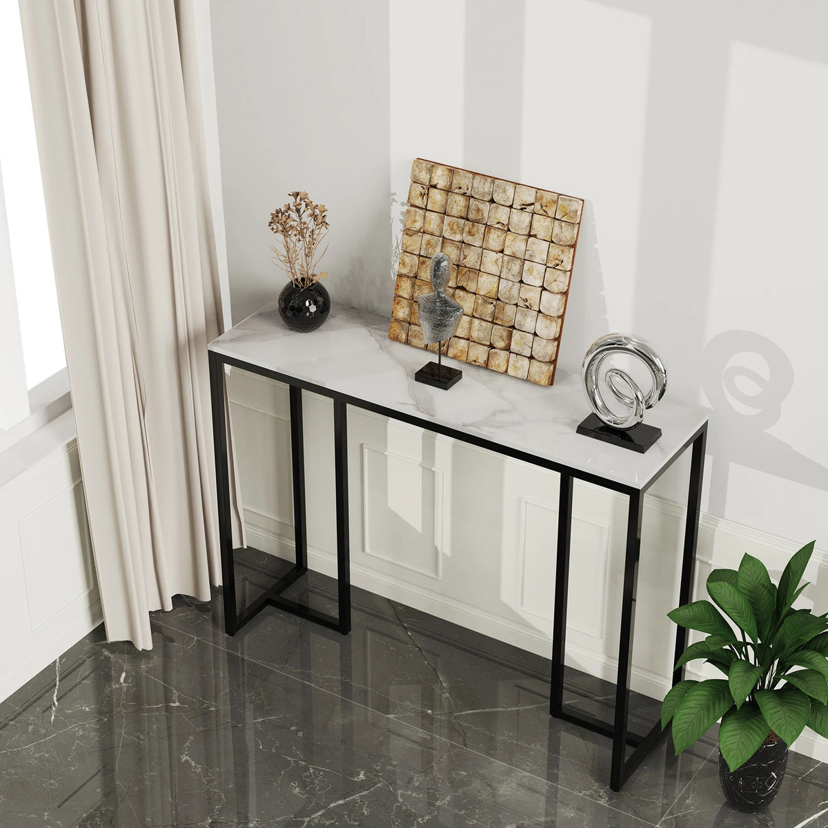 table console moderne marbre blanc noir minimaliste pieds simples
