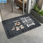 tapis d'entrée moderne imprimé chien fleurs résistant taches gris blanc noir