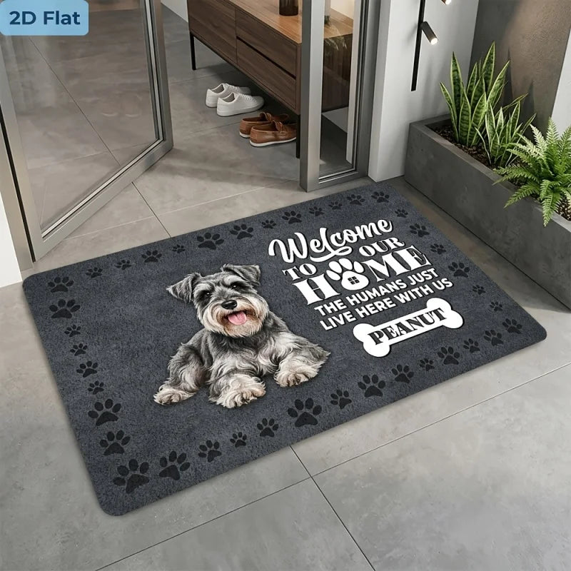 tapis d'entrée moderne imprimé chien fleurs résistant taches gris blanc noir