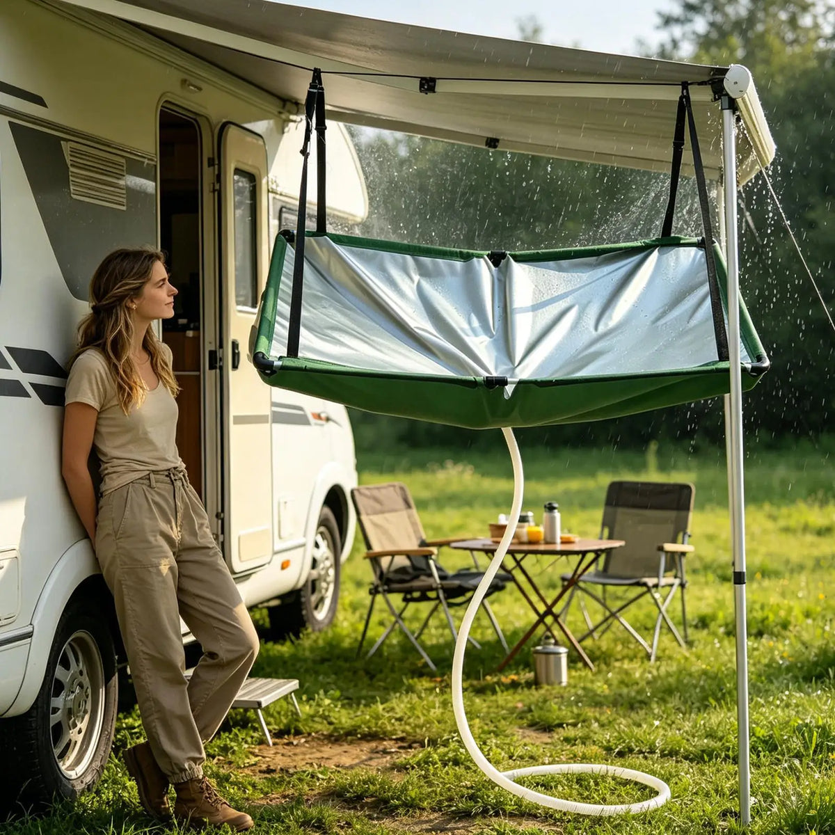 collecteur eau pluie suspendu tapis récupération tuyau arrosage jardin extérieur camping utilitaire