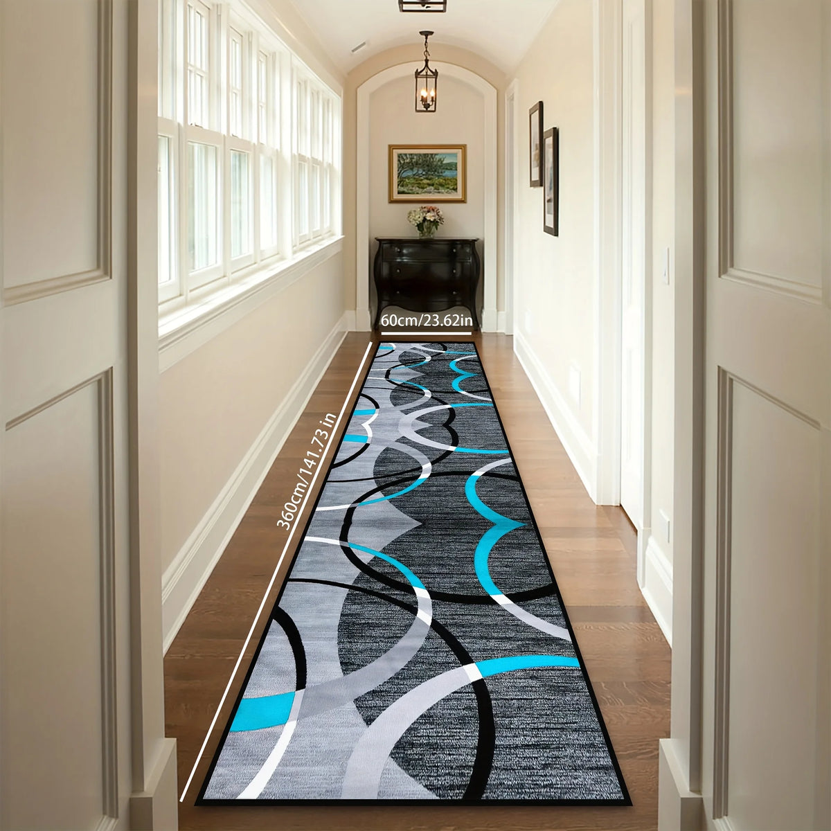 tapis long moderne motif géométrique gris bleu blanc salon couloir cuisine intérieur maison polyester