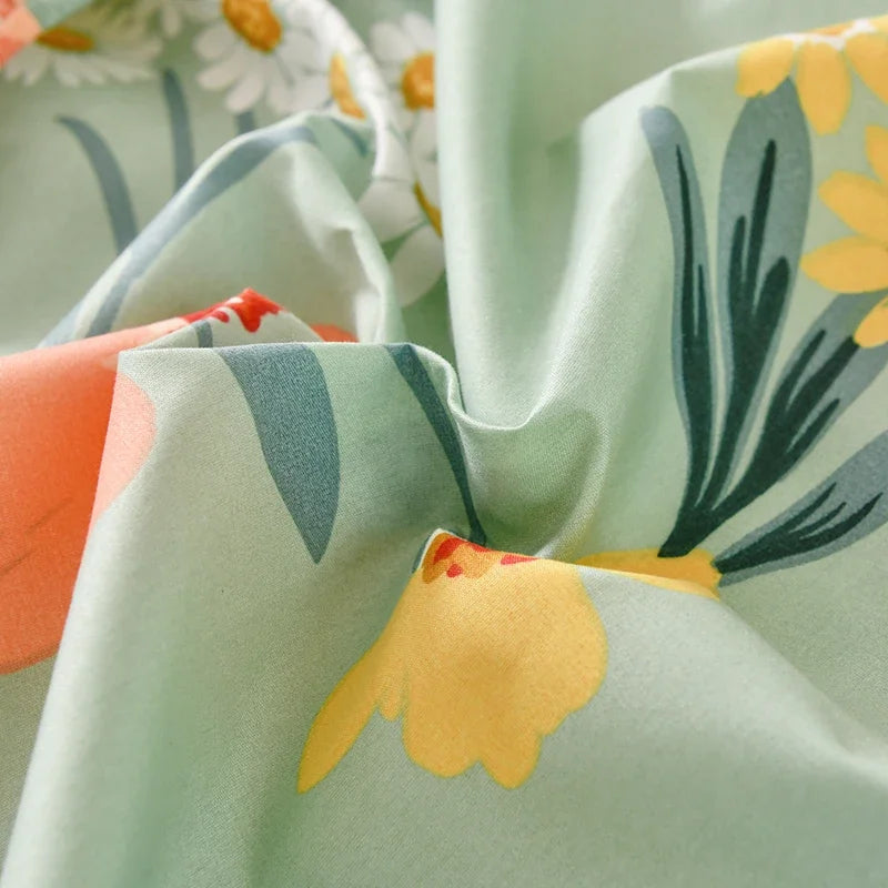 drap housse floral imprimé fleurs colorées moderne elastique oreillers assortis adultes chambre verte blanche