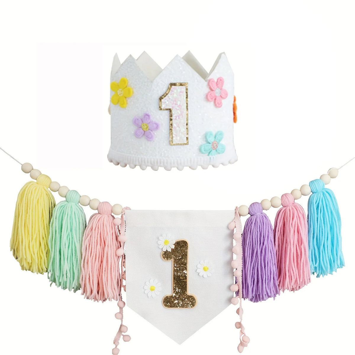 décorations anniversaire 1er anniversaire fille couronne guirlande rose fleurs numéro pompons chambre enfant