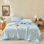 couvre lit été bleu clair rayures fines coton doux respirant moderne chambre maison