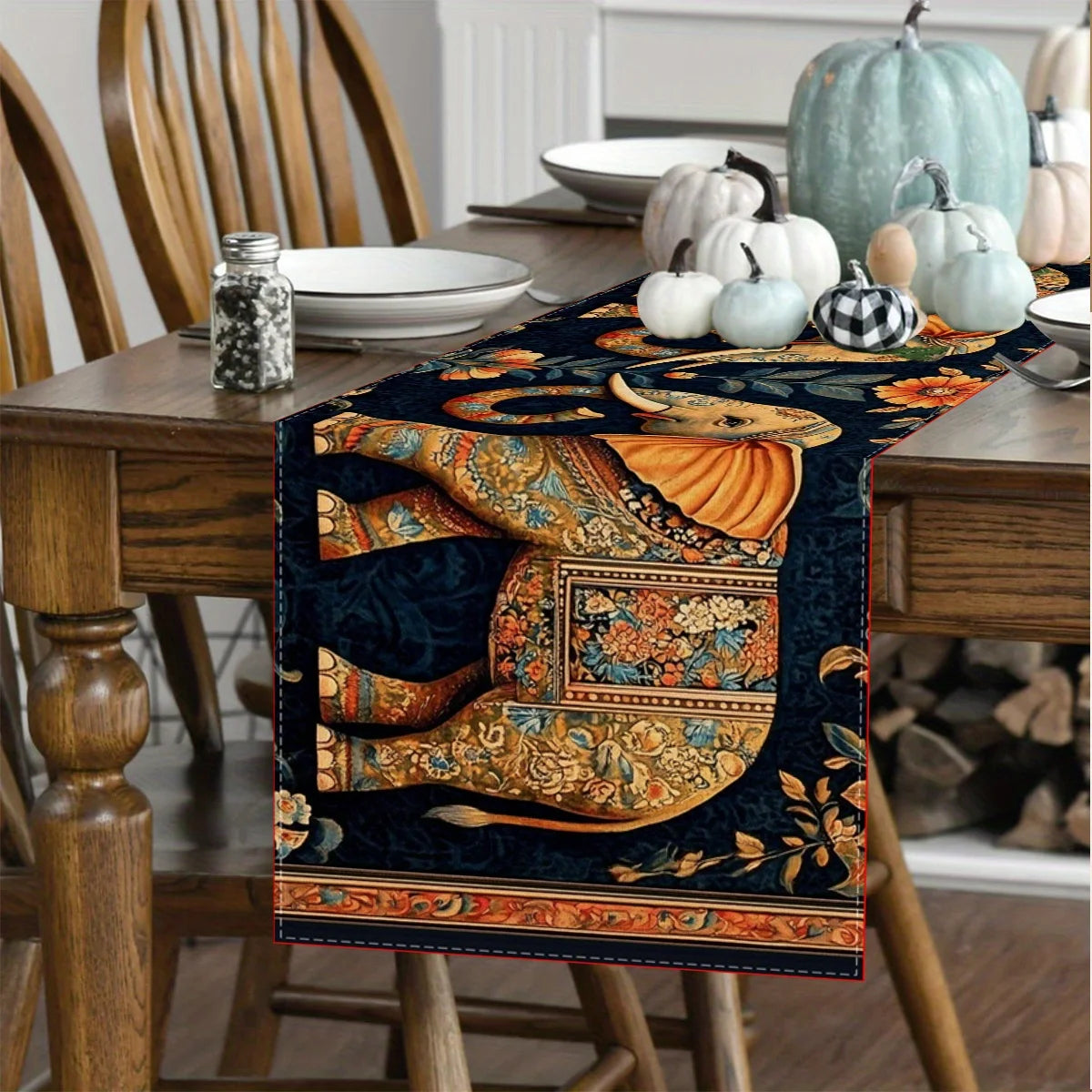 champagne elephant print bohème table runner colorful floral artisanal decoration dining table