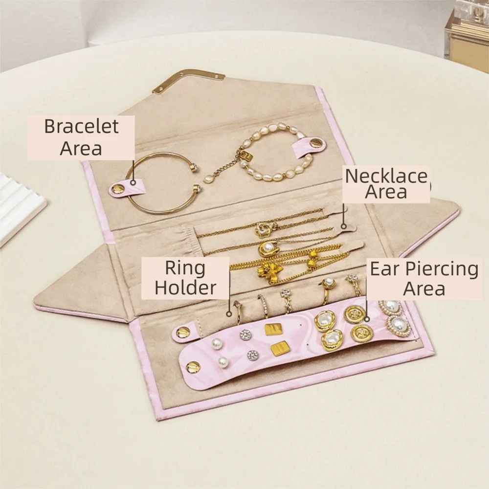 boîte bijoux pliable moderne élégante fermoir marbrée blanc rose pâle compartments organisation porte bijoux