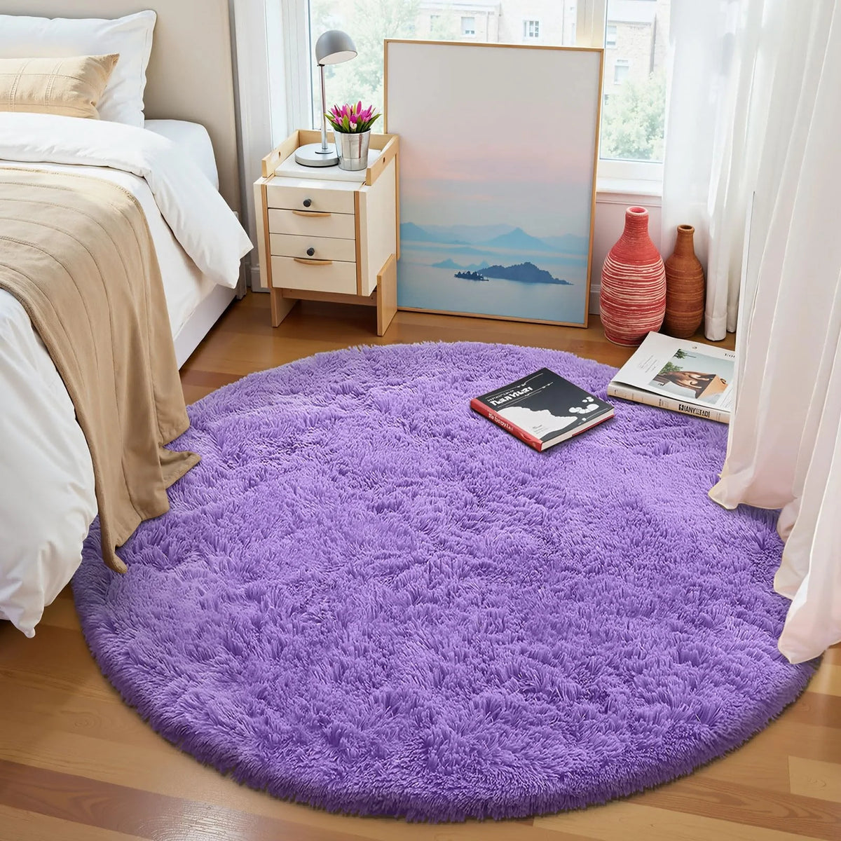 tapis rond doux rose peluche moderne salon chambre coucher voyage pique niqueextérieur