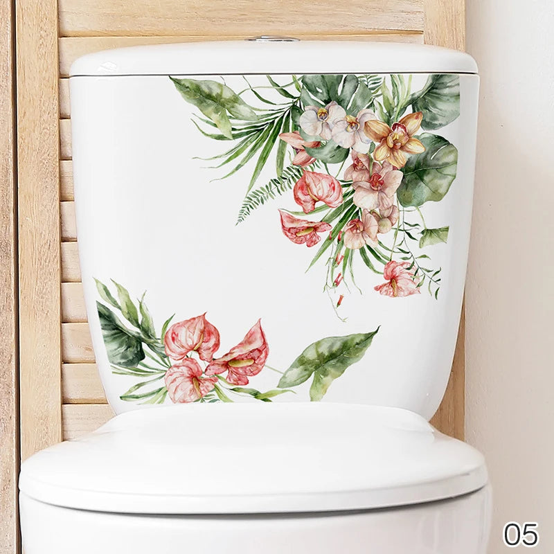 autocollant mural décoration toilettes motif feuilles fleurs floral opaques blanc