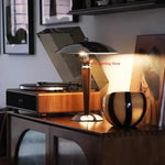 lampe table moderne noir marron métal poli bois éclairage led sans ombre interrupteur bouton