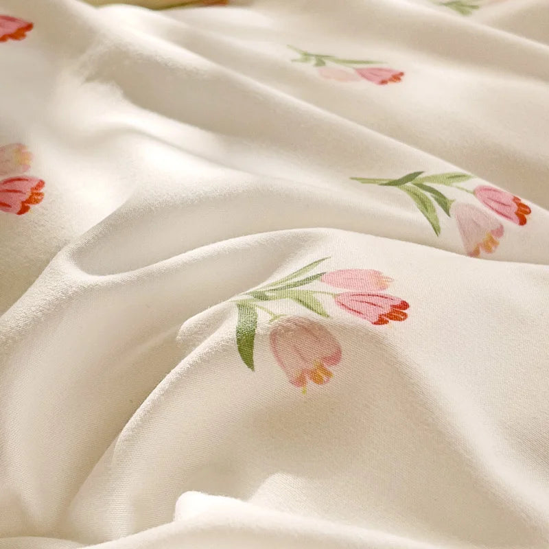 ensemble literie coton blanc rose fleurs moderne doux housse couette taies oreillers ruban serrage