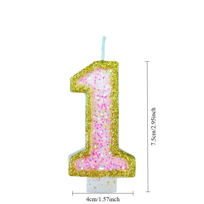 bougies numériques paillettes multicolores support brillant decoration fête números blanc doré rose pâle