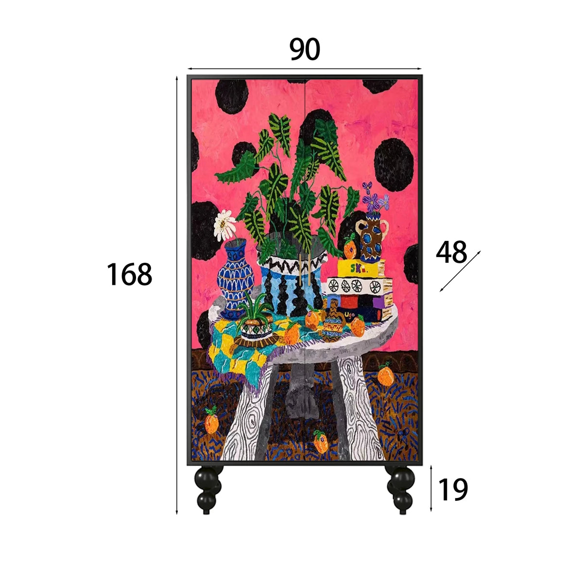 meuble rangement moderne noir rose motifs floraux multi fonction porte opposées pieds ronds abstraits