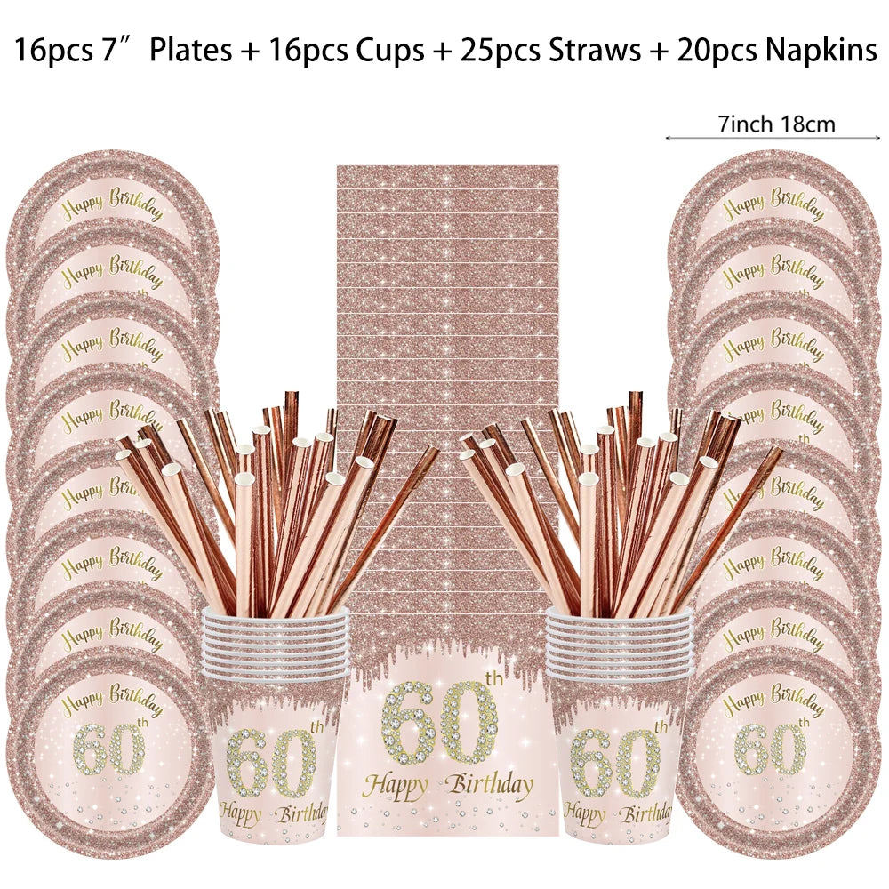 ensemble vaisselle jetable anniversaire rose gold assiettes serviettes gobelets pailles paillettes décoratif fête