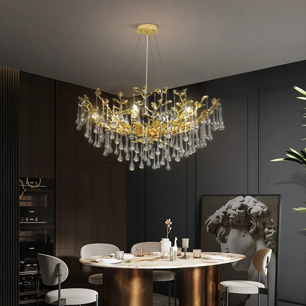 lustre cristal doré moderne branches suspendu salon salle manger luxe éclairage contemporain