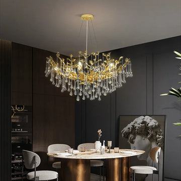 lustre cristal doré moderne branches suspendu salon salle manger luxe éclairage contemporain