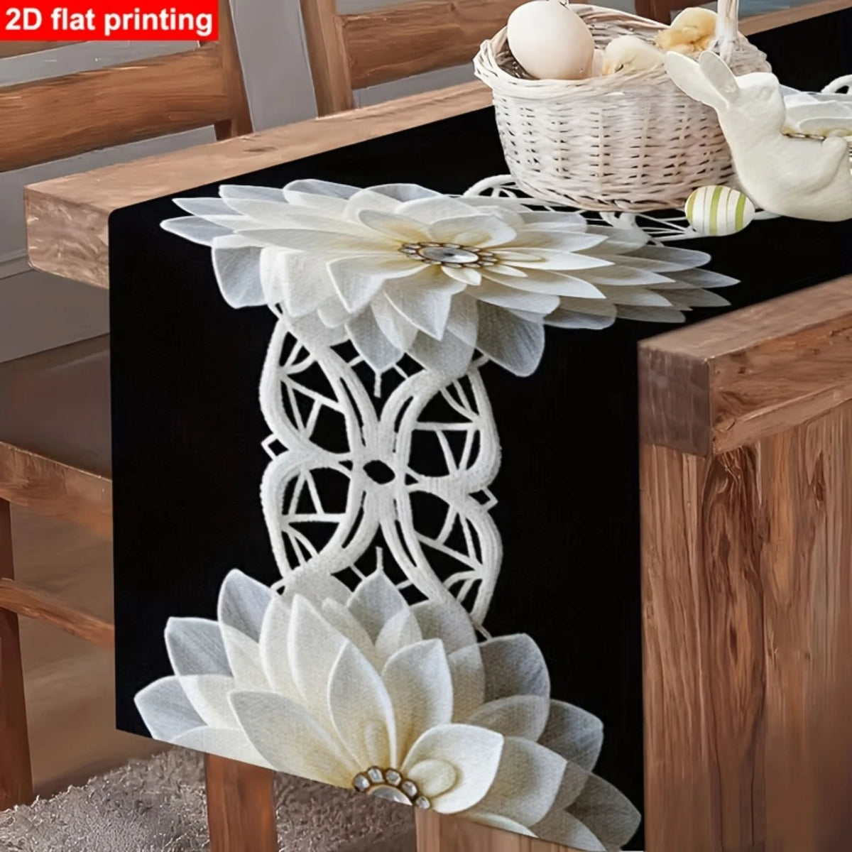 chinois moderne élégant chemin table imprimé fleurs blanches motifs géométriques polyester opaque