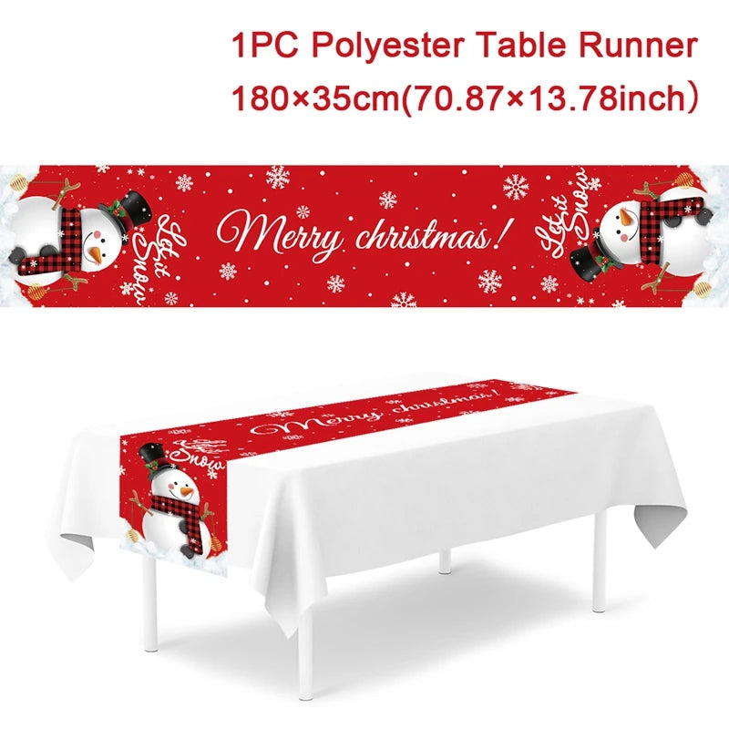 table noel chemin rouge blanc sapins flocons guirlandes decorations festive
