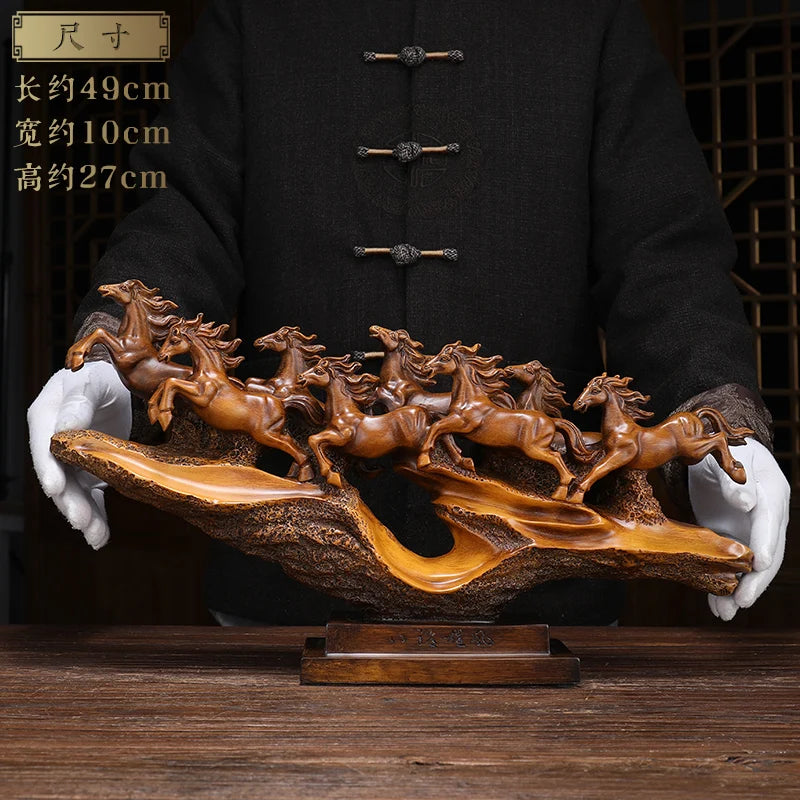 ornements sculptés chevaux résine artisanal chinois couleurs dorées rouges noires modernes