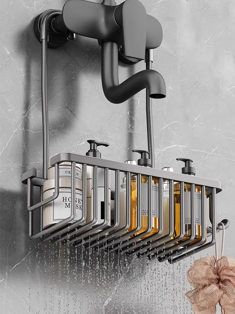 panier douche gris moderne fixation murale lisse opaqué produits toilette bouteilles gobelet brosse dents