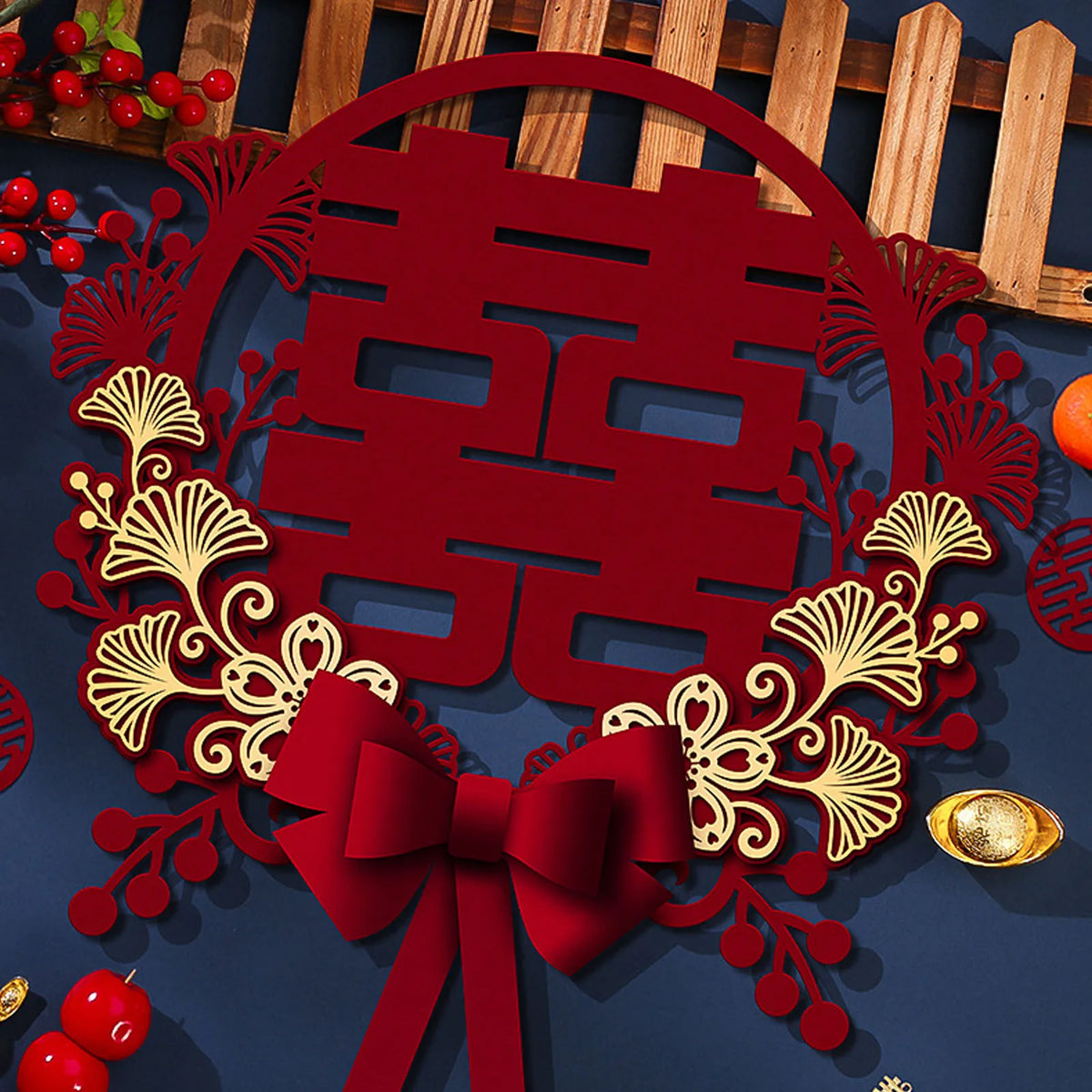 décoration murale mariage double bonheur rouge or papier découpé traditionnel chinois festive élégante