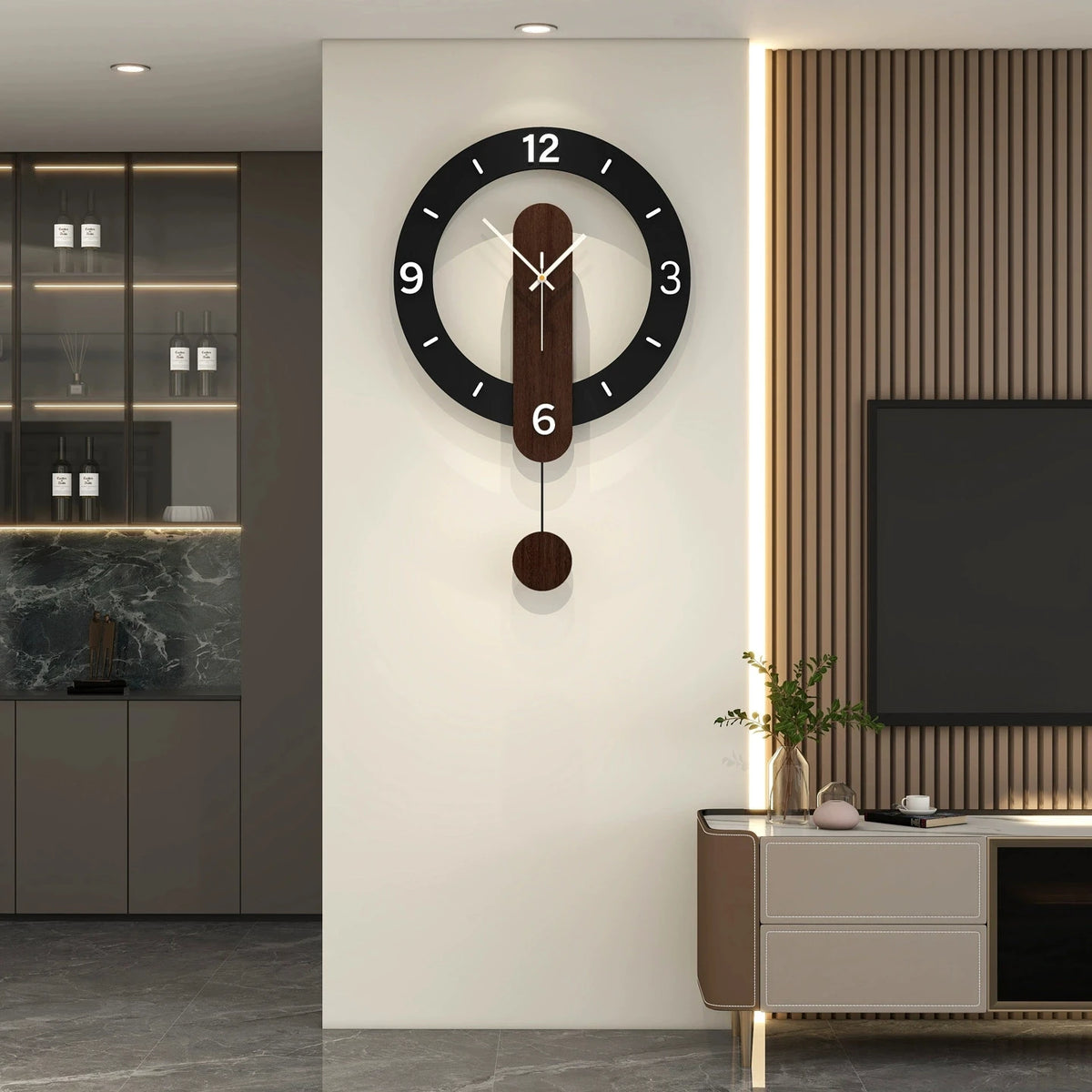 horloge murale minimaliste moderne cadran noir chiffres blancs pendule bois quartz aiguille étude salon