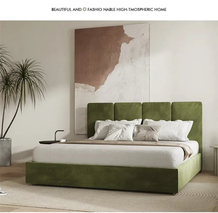 lit moderne bois vert olive velours 150cm 180cm oreillers draps