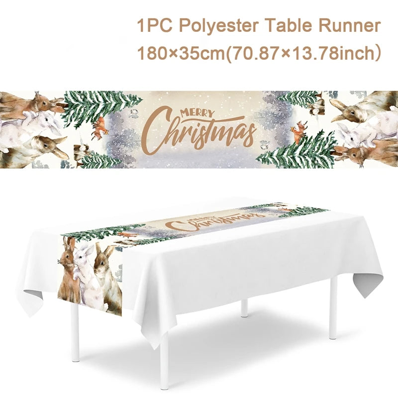 tableau table noël motifs arbres flocons guirlandes rouge blanc vert or traditionnel festive decoration