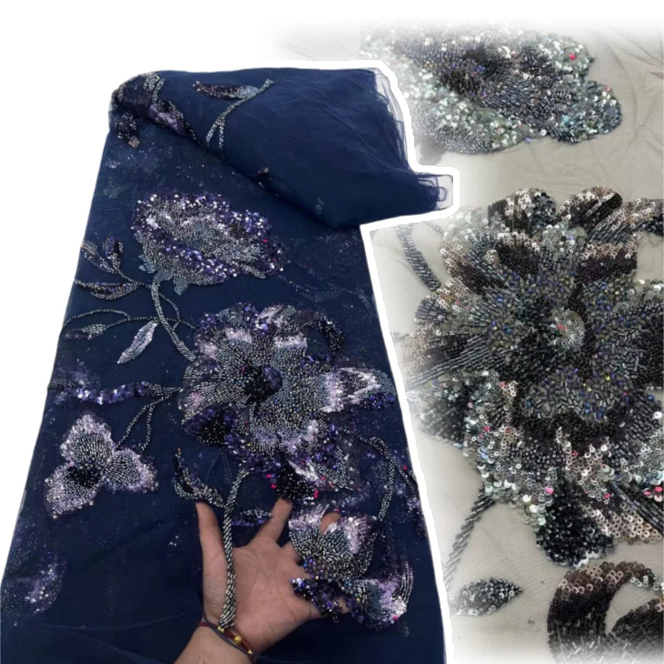tissu décoratif tulle dentelle fleurs brodées paillettes bleu marine noir beige vert clair élégant