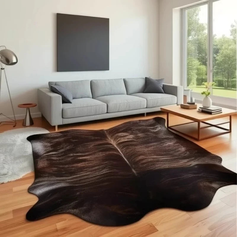 tapis marron blanc peau vache aspect naturel moderne rustique polyester jacquard rectangle salon chambre