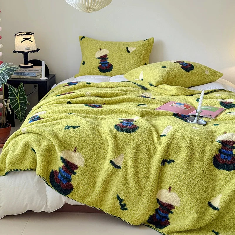couverture peluche verte motif chapeaux colorés douce portable hiver automne