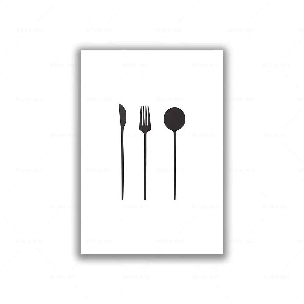 affiche moderne bon appétit lettrage calligraphique fourchette cuillère blanc noir minimaliste